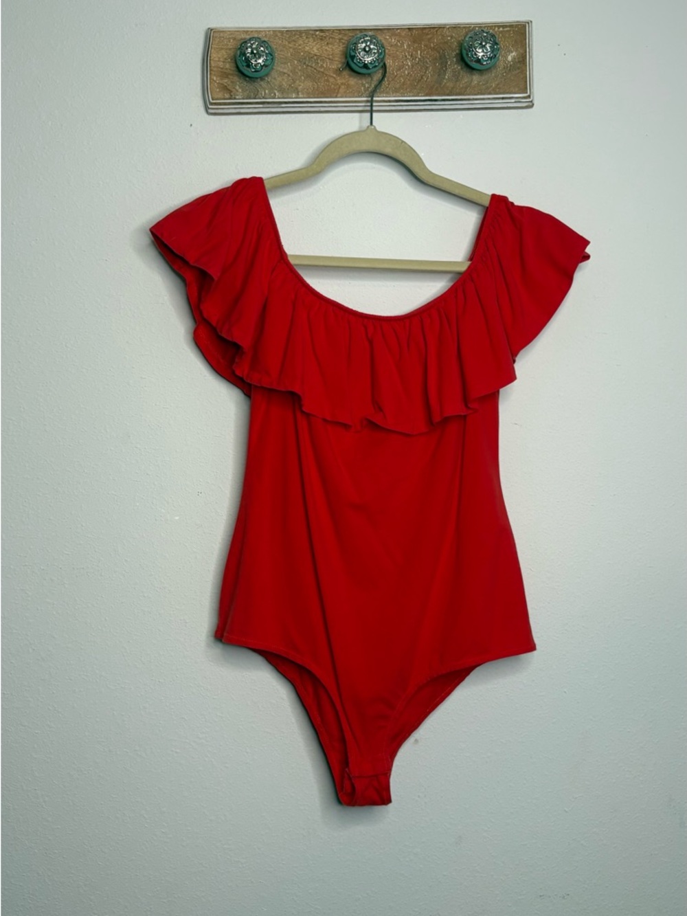 J. Crew Red Body suit with wide ruffled neckline